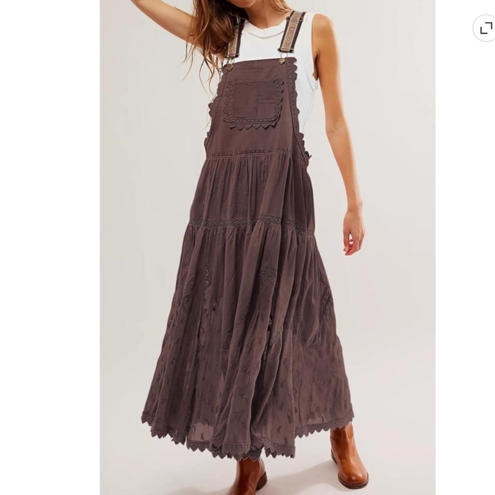 Brown Boho Tiered Overall Maxi Dress Lace Eyelet Embroidered Geometric Straps